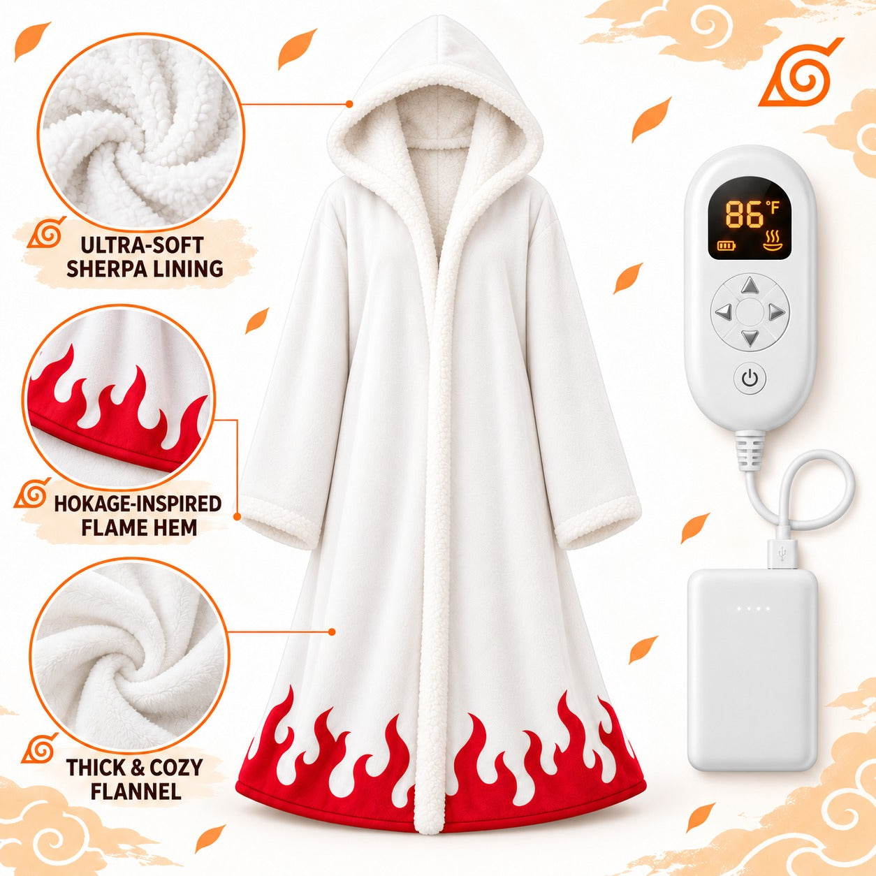 Cozy Kage Robe front view with heat controller and power bank